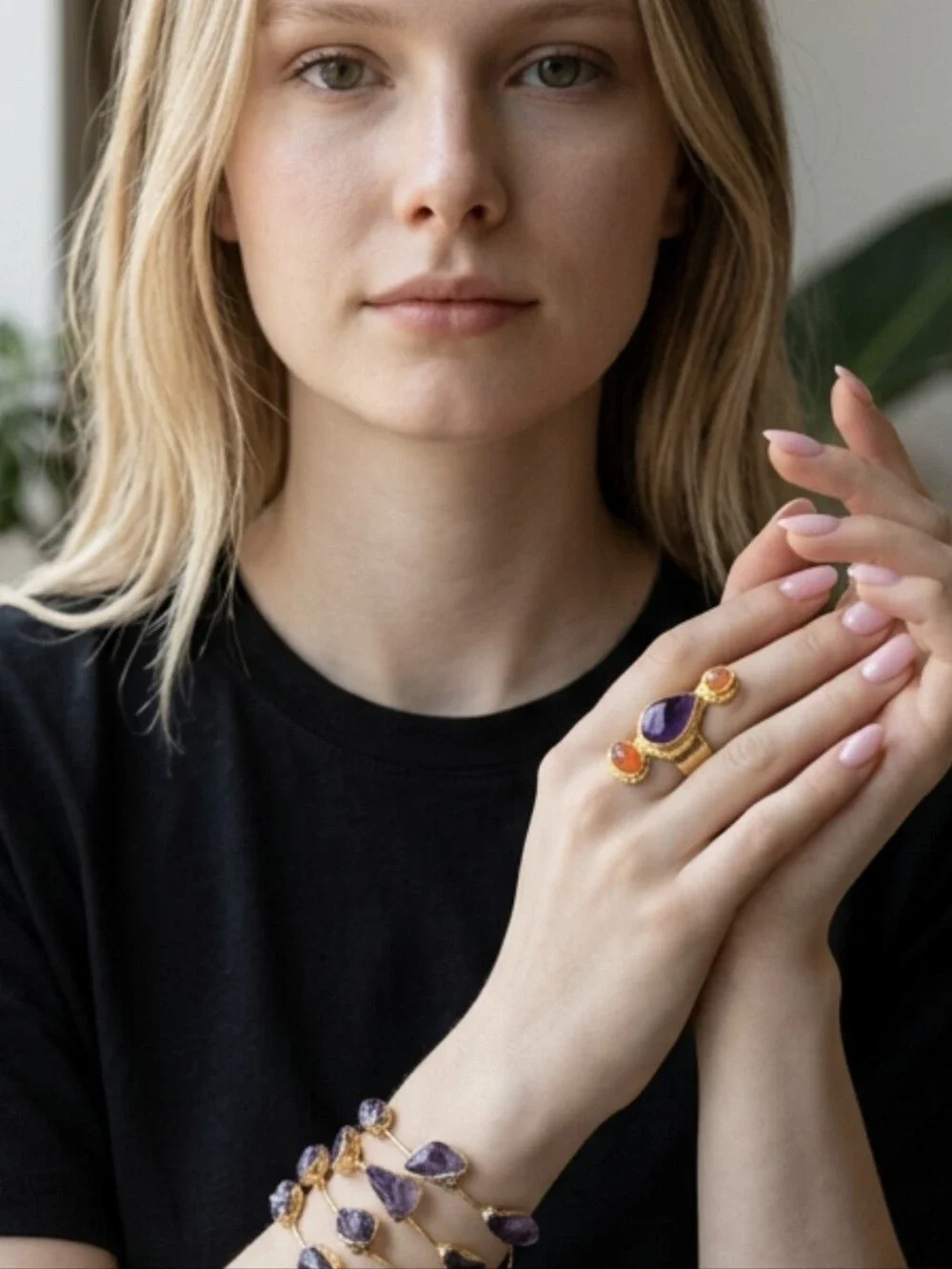 18k Gold Plated Artisan Genuine Amethyst Citrine Carnelian Hammered Ring